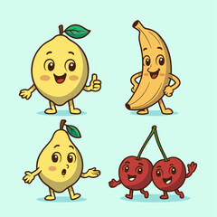 Cute cartoon fruit set illustration featuring lemon, banana, and cherry with adorable expressions, perfect for stickers, prints, and digital designs.
