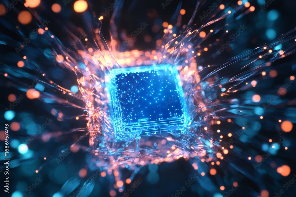 Poster blue microchip emitting orange and blue particles, suggesting data processing, quantum computing, an