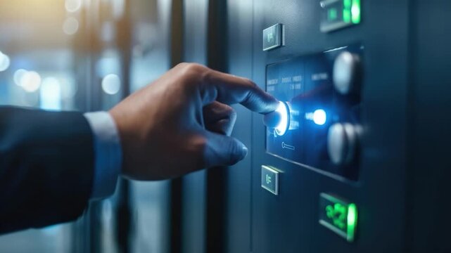 A person operating a control panel with a button being pressed, suitable for use in industrial or technical settings