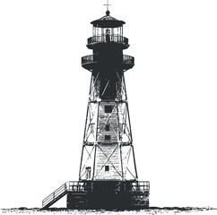 Black and white illustration of a tall metal lighthouse tower guiding maritime navigation on the coast