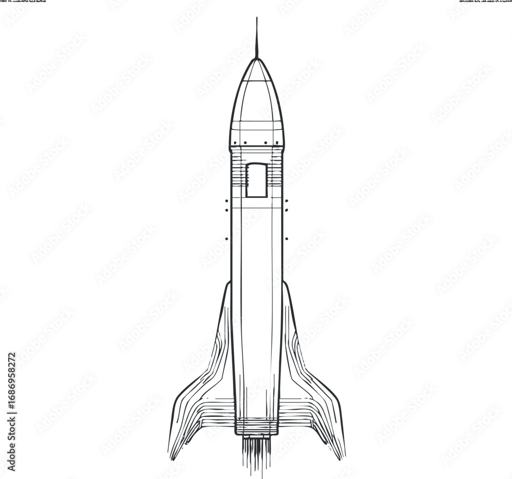 Poster black and white line drawing of a rocket launching vertically representing space exploration technol