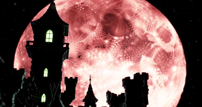 Spooky Castle Silhouette Against A Blood Moon.