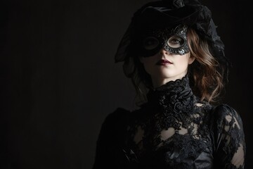 Gothic woman with striking dark makeup, donning a black lace dress and veil, posing elegantly with a mysterious Venetian mask