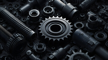 dark industrial 3D render:vehicle parts pattern withcar gears and pipes