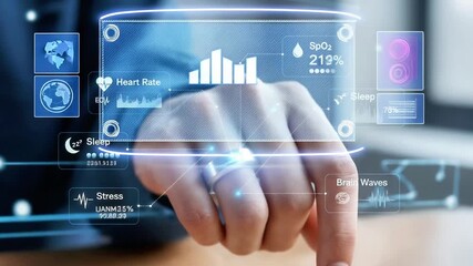 Close-up hand with smart ring interacting with futuristic holographic health monitoring interface, showcasing real-time data on heart rate, oxygen levels, stress metrics in sleek digital environment - Powered by Adobe