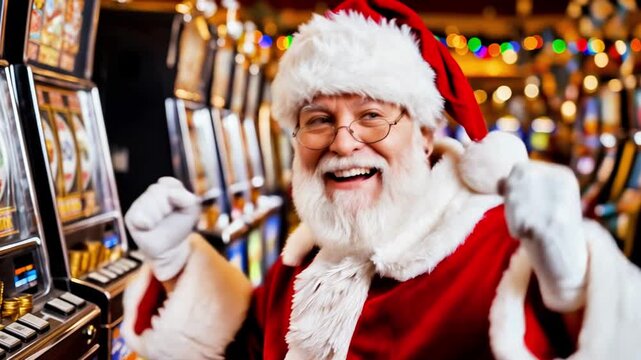 Santa Claus celebrates a winning moment at a vibrant slot machine, showcasing excitement and holiday spirit in a lively casino atmosphere