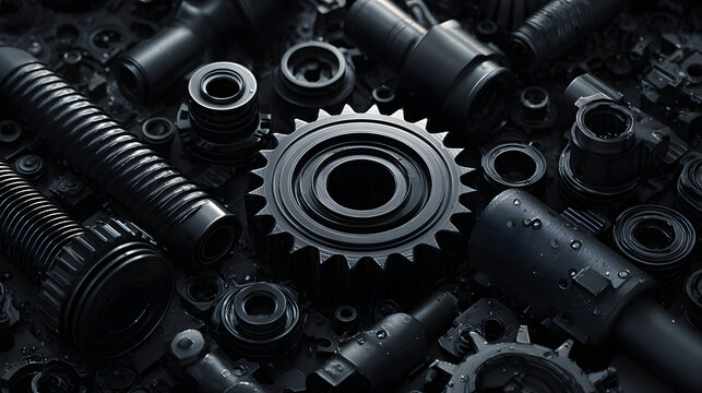 dark industrial 3D render:vehicle parts pattern withcar gears and pipes
