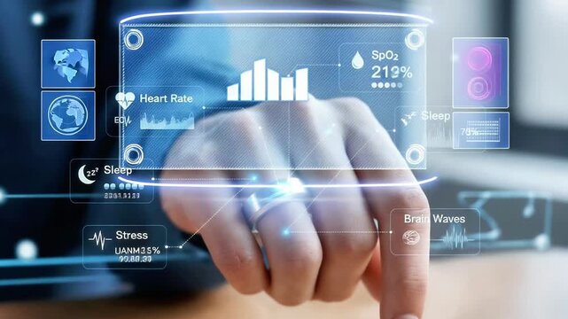 Close-up hand with smart ring interacting with futuristic holographic health monitoring interface, showcasing real-time data on heart rate, oxygen levels, stress metrics in sleek digital environment - Powered by Adobe