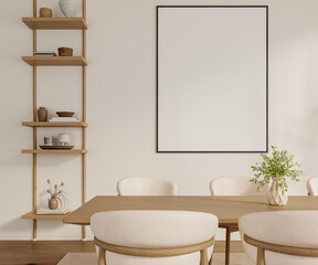 Minimalist dining room with wooden table, beige chairs, decorative shelf and vertical frame mockup on wall