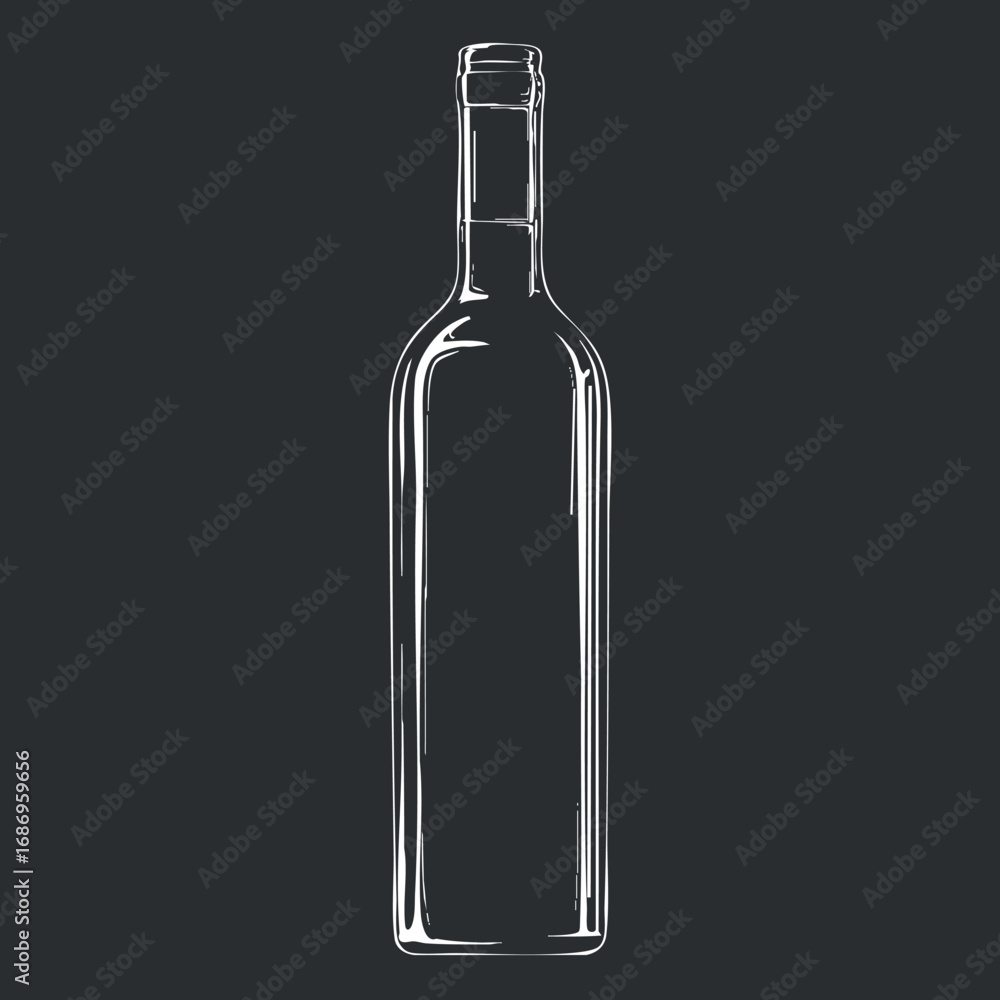Poster outline sketch of an empty wine bottle with a cork on a dark background
