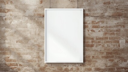 Empty white frame on wooden table at grunge concrete wall