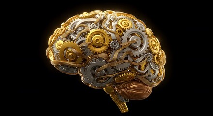 Intricate mechanical brain crafted from shining gears for innovation concepts and creative intelligence