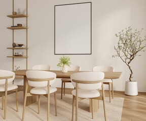 Minimalist dining area with wooden table, modern chairs, decorative shelf and large vertical frame mockup