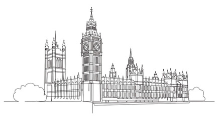 Continuous line drawing of the Palace of Westminster with the Big Ben clock tower, a famous London landmark and a symbol of the United Kingdom.