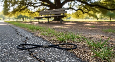 Photo of a black hair tie lies on a cracked asphalt path next to green grass, with a wooden park bench and large tree in the blurred background on a sunny day