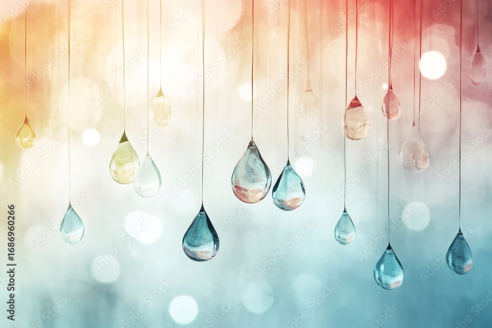 Poster artistic image of multiple water droplets suspended in mid air, creating a visually appealing scene