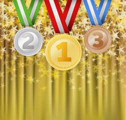 Golden, silver, and bronze medals with ribbons on a festive background of golden stars and curtains, symbolizing first, second, and third place awards in competitions or sports events.