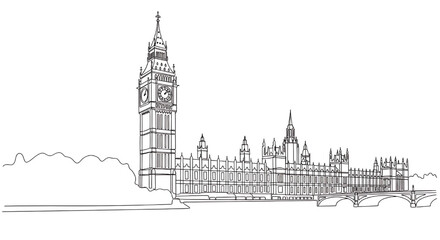Minimalist one-line art of Big Ben and the Houses of Parliament in London, England. An iconic symbol of British culture and government.