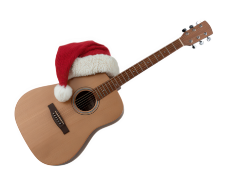 Acoustic guitar Santa hat festive Christmas music holiday celebration wooden string instrument cheerful mood. Acoustic guitar with Santa hat creates festive holiday music atmosphere and cheerful