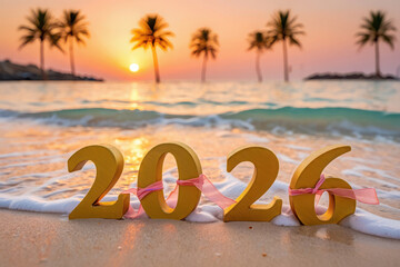 Golden 2026 numbers on a tropical beach at sunset