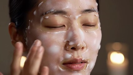 Woman with Creamy White Facial Mask Relaxing with Eyes Closed Against a Dark Background Applying Skincare Gently with Her Finger Demonstrating Self Care Beauty Treatment at Home