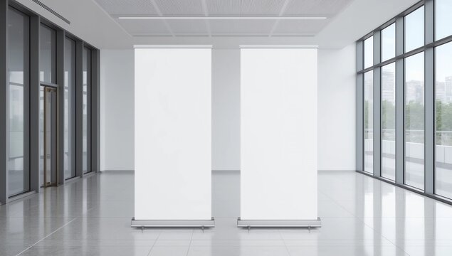 Empty three rollup banners stand. Blank template mockups. Exhibition stand 3 roll-up banners, screen for you design. Vertical white roll up for preview