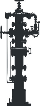 Silhouette of an industrial oil wellhead with valves and pipes for controlling flow and pressure