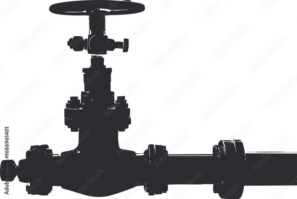 Poster silhouette of an industrial valve connected to a pipe used for controlling fluid flow in mechanical 