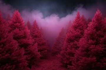 Mysterious pink forest enveloped in fog creates enchanting, drea
