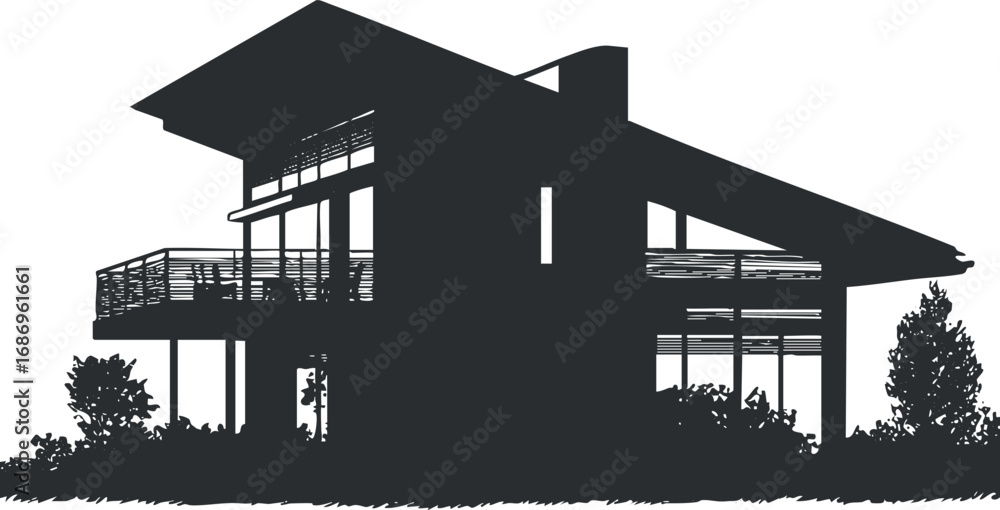 Poster silhouette of a modern house with large windows and balcony surrounded by trees and bushes