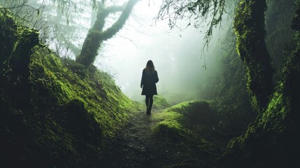 Obraz premium Woman hiking misty forest