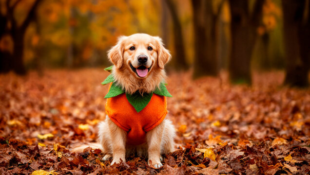 Cute dog in pumpkin costume for halloween sitting in autumn park. High quality photo