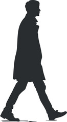 Fototapeta premium Silhouette of a man walking in profile view wearing a long coat and boots against a white background.