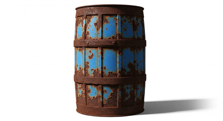 Old rusty blue metal barrel with metal bands, casting a shadow on a transparent background