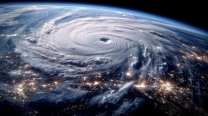 Aerial view of a powerful cyclone over the ocean surface with spiraling clouds