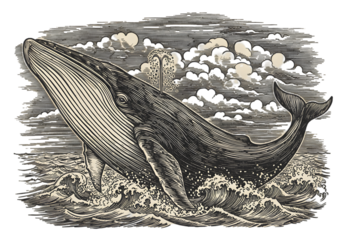 Vintage Engraved Whale Breaching the Ocean Surface Illustration Photo