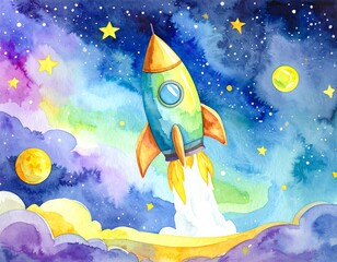 Obraz premium Colorful rocket ship launching into space