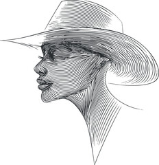 Black and white line art illustration of a woman's profile wearing a wide-brimmed hat with elegant and stylish features.