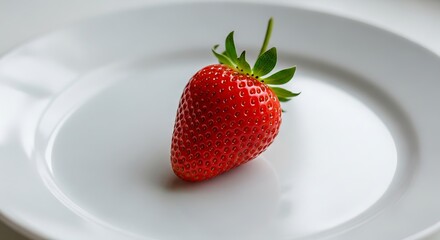 Vibrant Red Strawberry Resting on a White Plate, Close-Up Shot