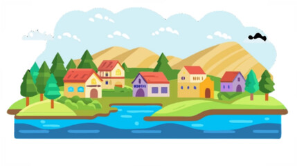 Cartoon village landscape illustration with houses trees mountains and river scenic view for graphic design