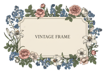 Vintage Floral Frame Illustration of Roses and Various Flowers in Black Background