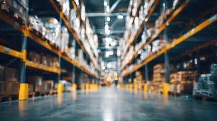 Medium shot of warehouse aisle with focused tall racks showing organized stock blurred background emphasizing efficient space utilization and streamlined access.