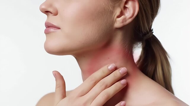 Young Woman Experiencing Throat Discomfort with Redness Fair Skin Blonde Hair Pulled Back Touching Neck Under White Studio Lighting Illustrating Health Problem Awareness Campaign