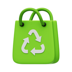 3D Green Recycling Shopping Bag Icon - Eco-Friendly Retail Symbol