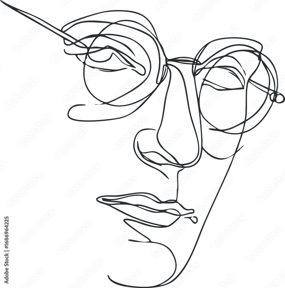 Poster minimalist one line drawing of a face with glasses in a continuous single line style