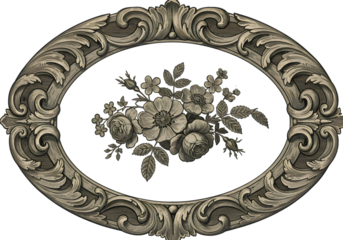 Vintage Floral Illustration With Detailed Oval Frame And Transparent Background