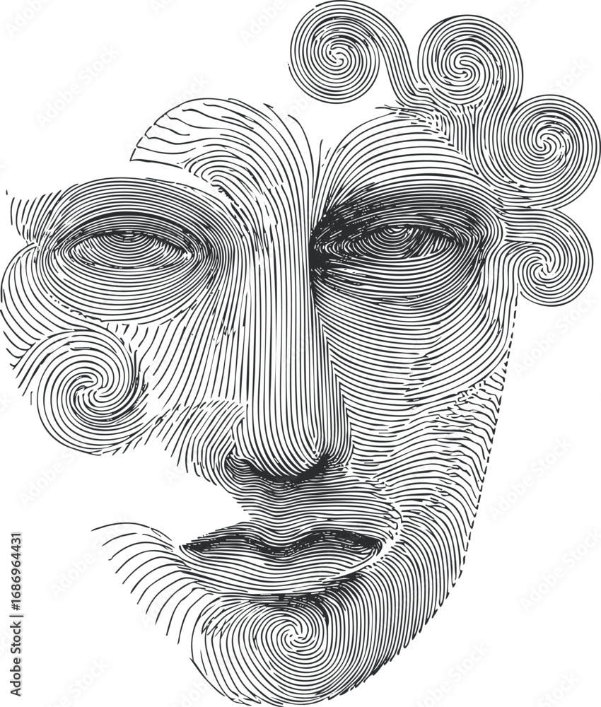 Poster abstract artistic face portrait created with flowing black line art and swirling patterns