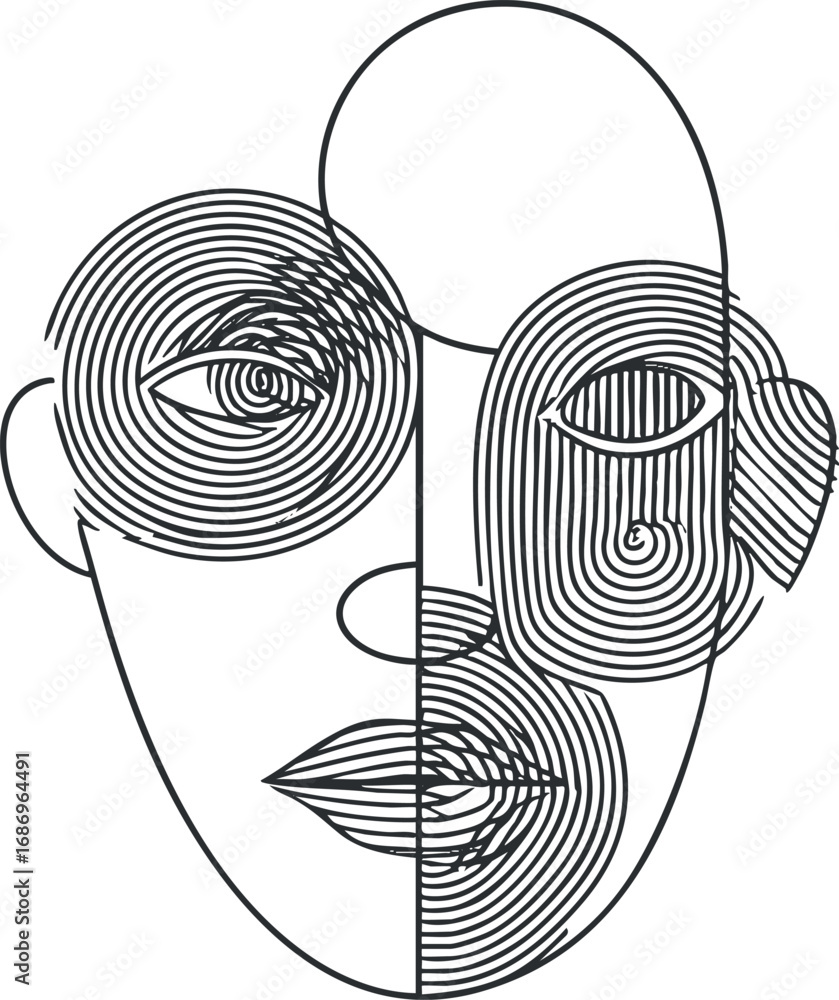 Poster abstract modern minimal one line art portrait with geometric circular patterns and stylized facial f