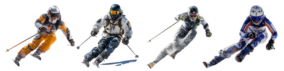 Four skiers are shown in a row, each wearing different colored outfits