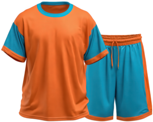 Orange and blue sportswear set, athletic t shirt and shorts, comfortable activewear for men, modern design, suitable for training, gym, or casual sports activities
